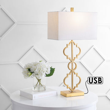 Selina 32" Iron Ogee Trellis Modern LED USB Table Lamp - JONATHAN Y